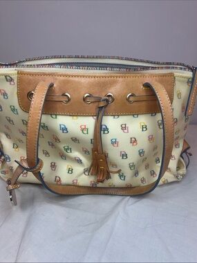 Vintage Dooney Bourke Tassel Tote Bag Purse DB Logo Coated Canvas Heart Charm